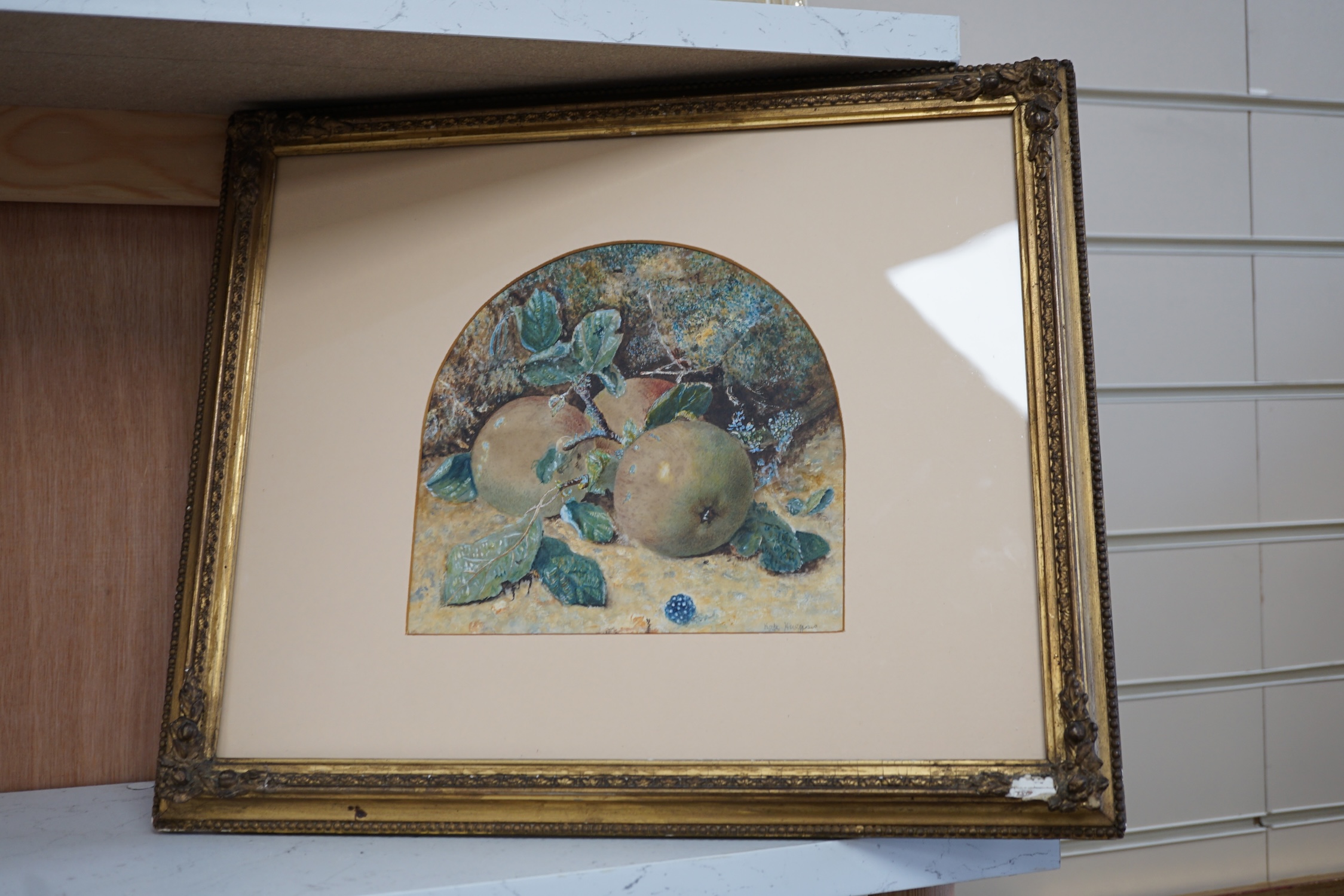 Kate Huggins, early 20th century, watercolour, Still life of apples, signed, 19 x 19cm, gilt framed. Condition - fair